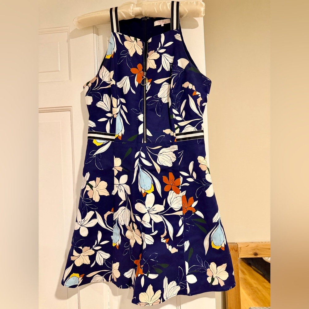 Parker Navy Floral A-Line Dress with White, Orange & Light Blue Accents